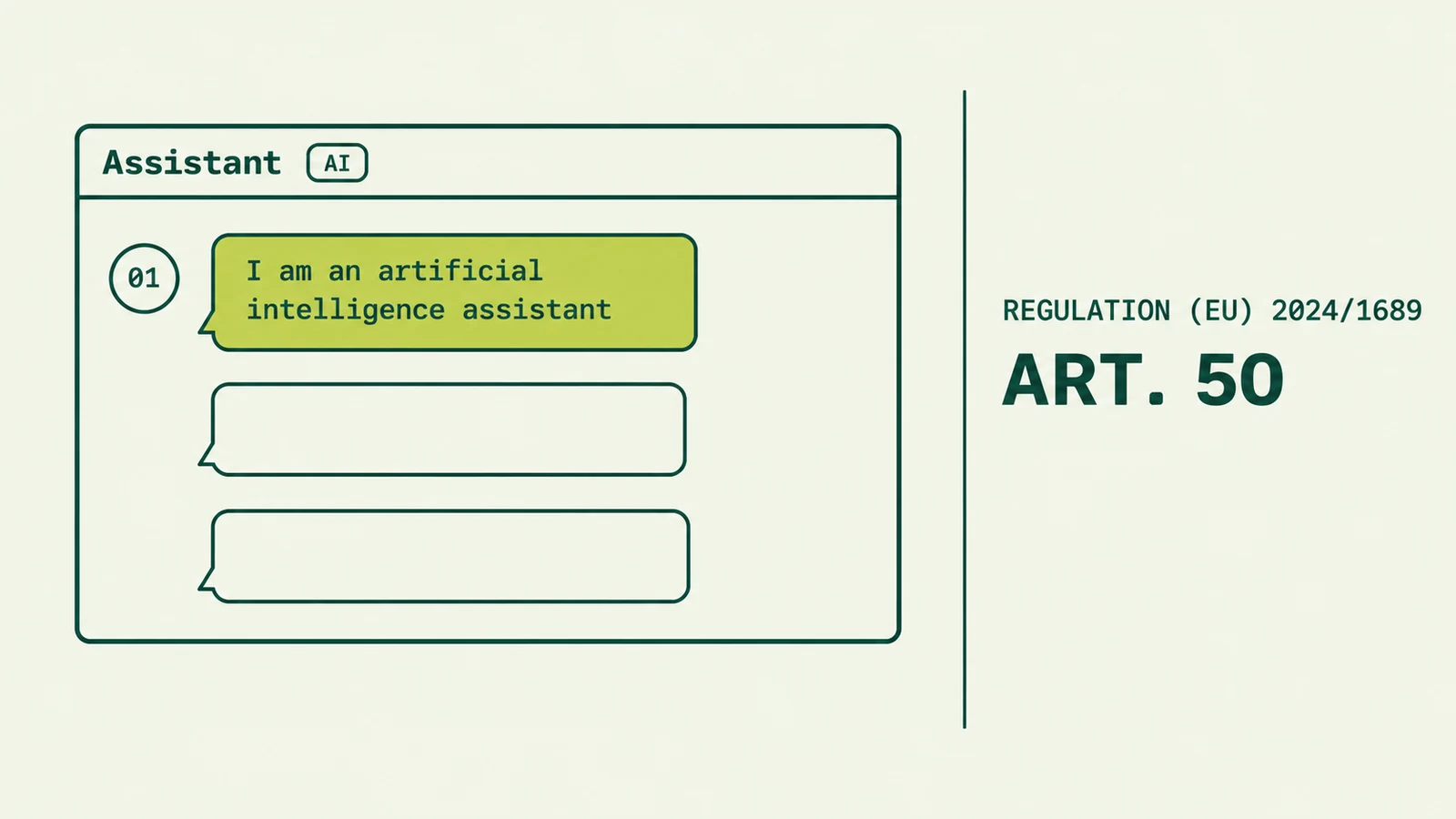 Chat window whose first message discloses the assistant is an artificial intelligence, beside the Article 50 label.
